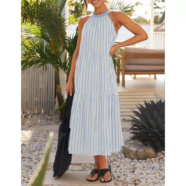 imageZESICA Womens Summer Halter Maxi Dresses 2024 Casual Boho Striped Sleeveless Tiered Flowy A Line Beach Long DressBlue