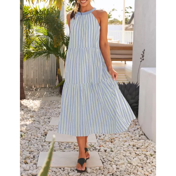 imageZESICA Womens Summer Halter Maxi Dresses 2024 Casual Boho Striped Sleeveless Tiered Flowy A Line Beach Long DressBlue