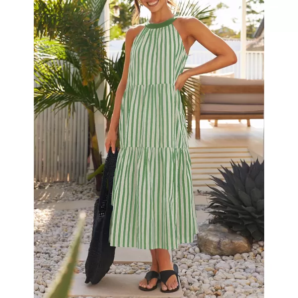 imageZESICA Womens Summer Halter Maxi Dresses 2024 Casual Boho Striped Sleeveless Tiered Flowy A Line Beach Long DressGreen