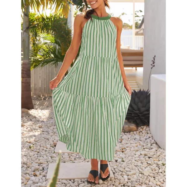 imageZESICA Womens Summer Halter Maxi Dresses 2024 Casual Boho Striped Sleeveless Tiered Flowy A Line Beach Long DressGreen