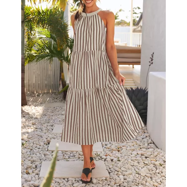 imageZESICA Womens Summer Halter Maxi Dresses 2024 Casual Boho Striped Sleeveless Tiered Flowy A Line Beach Long DressKhaki