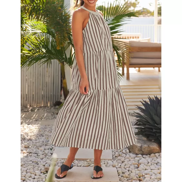 imageZESICA Womens Summer Halter Maxi Dresses 2024 Casual Boho Striped Sleeveless Tiered Flowy A Line Beach Long DressKhaki