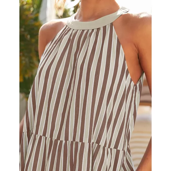 imageZESICA Womens Summer Halter Maxi Dresses 2024 Casual Boho Striped Sleeveless Tiered Flowy A Line Beach Long DressKhaki