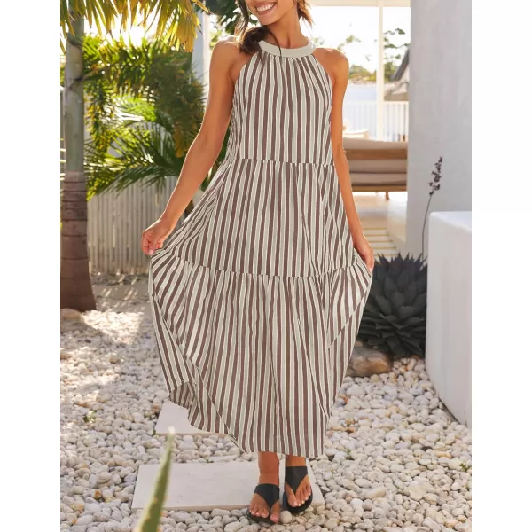 imageZESICA Womens Summer Halter Maxi Dresses 2024 Casual Boho Striped Sleeveless Tiered Flowy A Line Beach Long DressKhaki