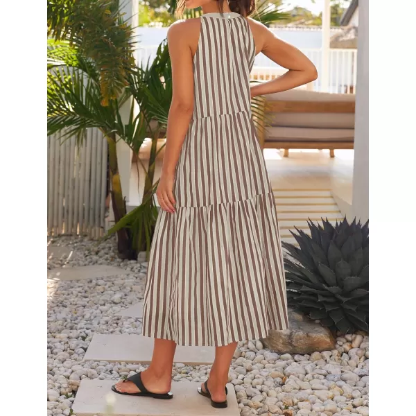 imageZESICA Womens Summer Halter Maxi Dresses 2024 Casual Boho Striped Sleeveless Tiered Flowy A Line Beach Long DressKhaki