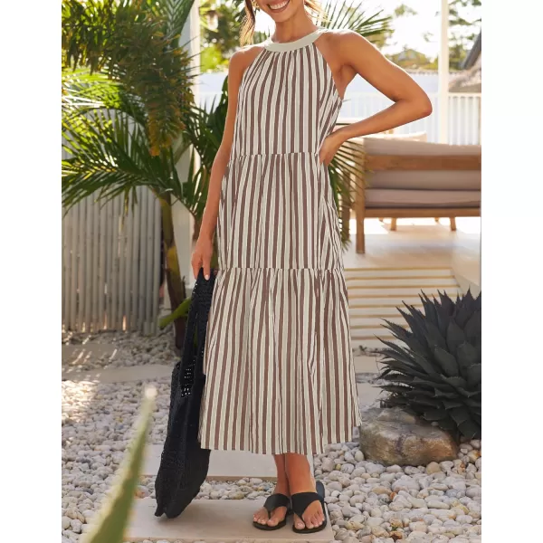 imageZESICA Womens Summer Halter Maxi Dresses 2024 Casual Boho Striped Sleeveless Tiered Flowy A Line Beach Long DressKhaki