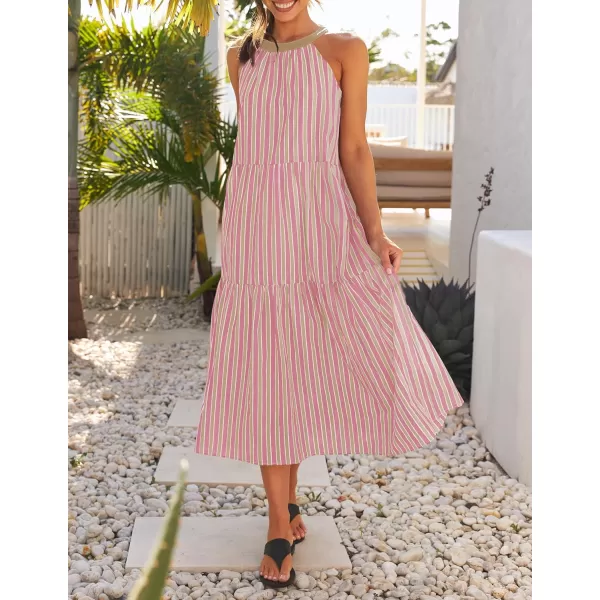 imageZESICA Womens Summer Halter Maxi Dresses 2024 Casual Boho Striped Sleeveless Tiered Flowy A Line Beach Long DressPink