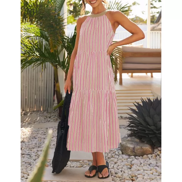 imageZESICA Womens Summer Halter Maxi Dresses 2024 Casual Boho Striped Sleeveless Tiered Flowy A Line Beach Long DressPink