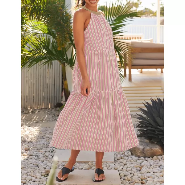 imageZESICA Womens Summer Halter Maxi Dresses 2024 Casual Boho Striped Sleeveless Tiered Flowy A Line Beach Long DressPink