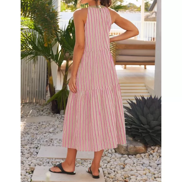imageZESICA Womens Summer Halter Maxi Dresses 2024 Casual Boho Striped Sleeveless Tiered Flowy A Line Beach Long DressPink