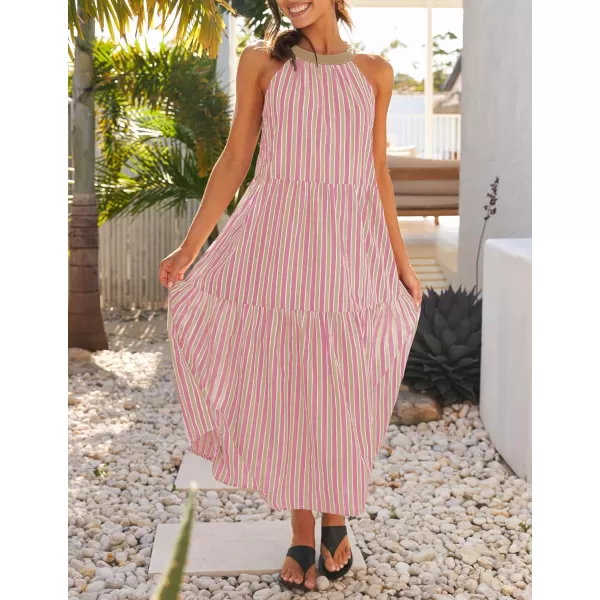imageZESICA Womens Summer Halter Maxi Dresses 2024 Casual Boho Striped Sleeveless Tiered Flowy A Line Beach Long DressPink