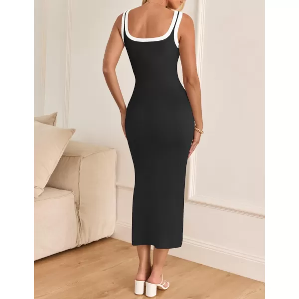 imageZESICA Womens Summer Knit Bodycon Midi Dress 2024 Casual Sleeveless Square Neck Side Slit Long Tank DressesBlack