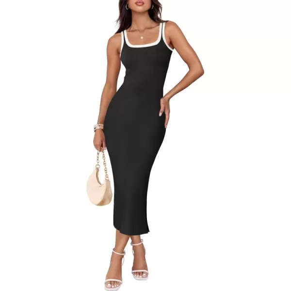 imageZESICA Womens Summer Knit Bodycon Midi Dress 2024 Casual Sleeveless Square Neck Side Slit Long Tank DressesBlack