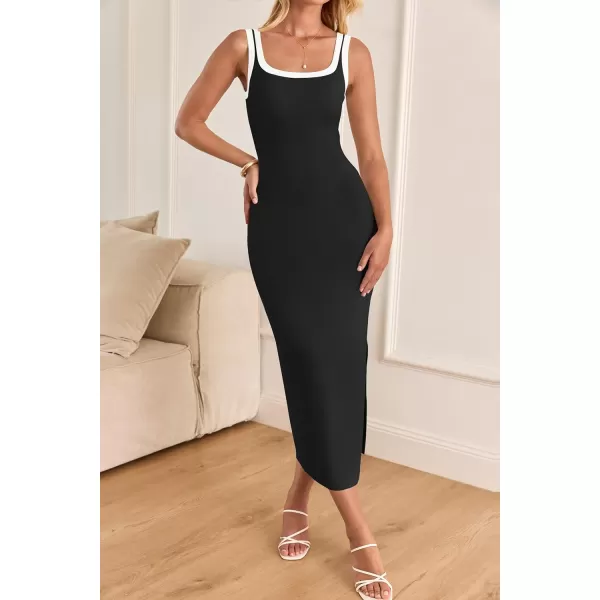 imageZESICA Womens Summer Knit Bodycon Midi Dress 2024 Casual Sleeveless Square Neck Side Slit Long Tank DressesBlack