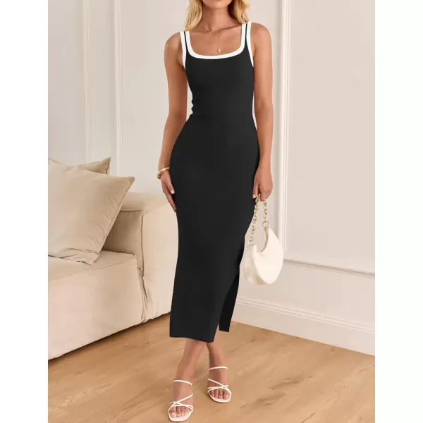 imageZESICA Womens Summer Knit Bodycon Midi Dress 2024 Casual Sleeveless Square Neck Side Slit Long Tank DressesBlack