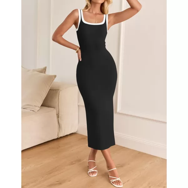 imageZESICA Womens Summer Knit Bodycon Midi Dress 2024 Casual Sleeveless Square Neck Side Slit Long Tank DressesBlack