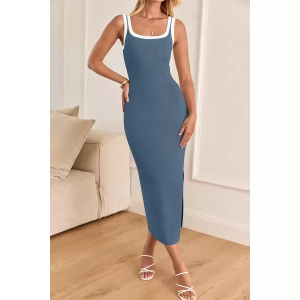 imageZESICA Womens Summer Knit Bodycon Midi Dress 2024 Casual Sleeveless Square Neck Side Slit Long Tank DressesDark Blue