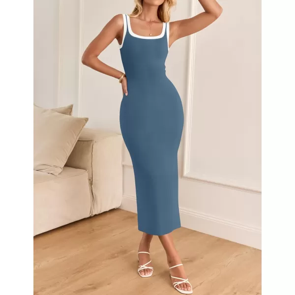 imageZESICA Womens Summer Knit Bodycon Midi Dress 2024 Casual Sleeveless Square Neck Side Slit Long Tank DressesDark Blue