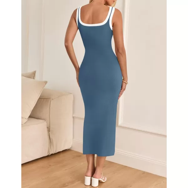 imageZESICA Womens Summer Knit Bodycon Midi Dress 2024 Casual Sleeveless Square Neck Side Slit Long Tank DressesDark Blue