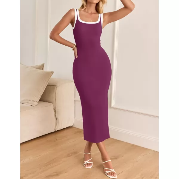 imageZESICA Womens Summer Knit Bodycon Midi Dress 2024 Casual Sleeveless Square Neck Side Slit Long Tank DressesFuchsia