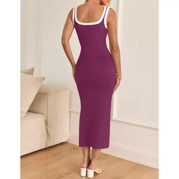 imageZESICA Womens Summer Knit Bodycon Midi Dress 2024 Casual Sleeveless Square Neck Side Slit Long Tank DressesFuchsia