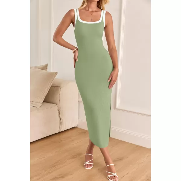 imageZESICA Womens Summer Knit Bodycon Midi Dress 2024 Casual Sleeveless Square Neck Side Slit Long Tank DressesGreen
