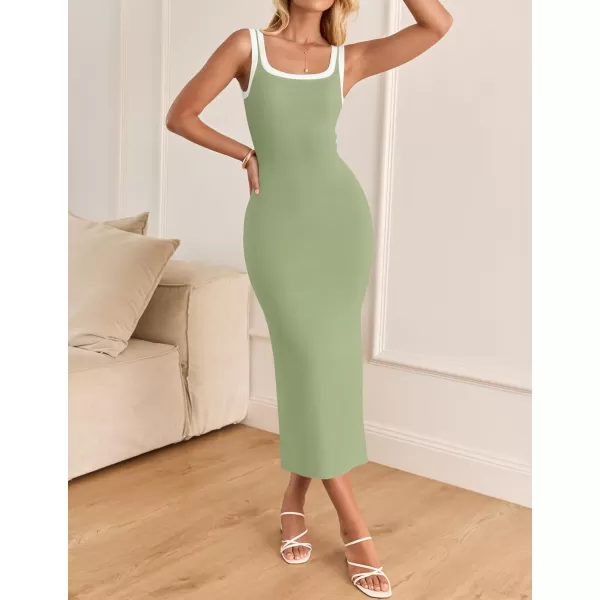 imageZESICA Womens Summer Knit Bodycon Midi Dress 2024 Casual Sleeveless Square Neck Side Slit Long Tank DressesGreen