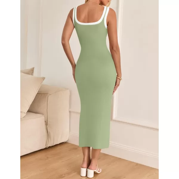 imageZESICA Womens Summer Knit Bodycon Midi Dress 2024 Casual Sleeveless Square Neck Side Slit Long Tank DressesGreen