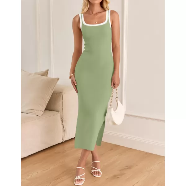 imageZESICA Womens Summer Knit Bodycon Midi Dress 2024 Casual Sleeveless Square Neck Side Slit Long Tank DressesGreen
