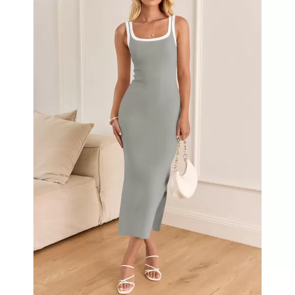 imageZESICA Womens Summer Knit Bodycon Midi Dress 2024 Casual Sleeveless Square Neck Side Slit Long Tank DressesGrey