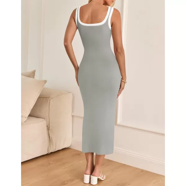 imageZESICA Womens Summer Knit Bodycon Midi Dress 2024 Casual Sleeveless Square Neck Side Slit Long Tank DressesGrey