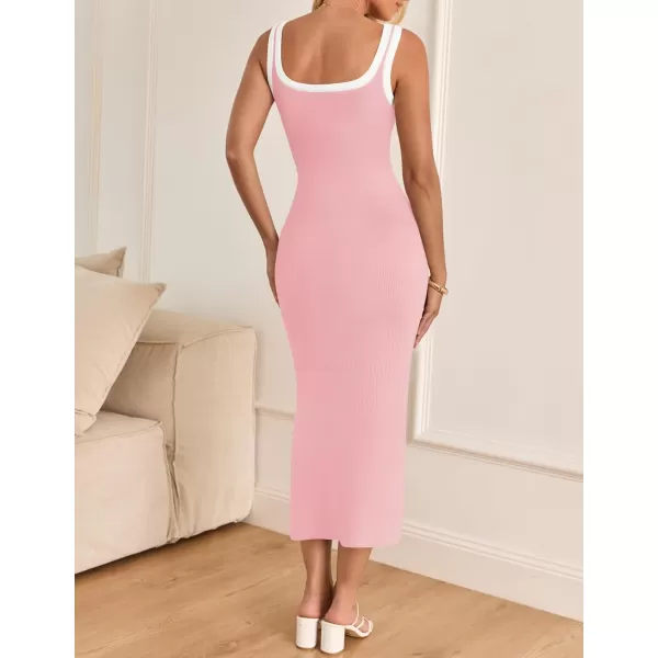 imageZESICA Womens Summer Knit Bodycon Midi Dress 2024 Casual Sleeveless Square Neck Side Slit Long Tank DressesPink