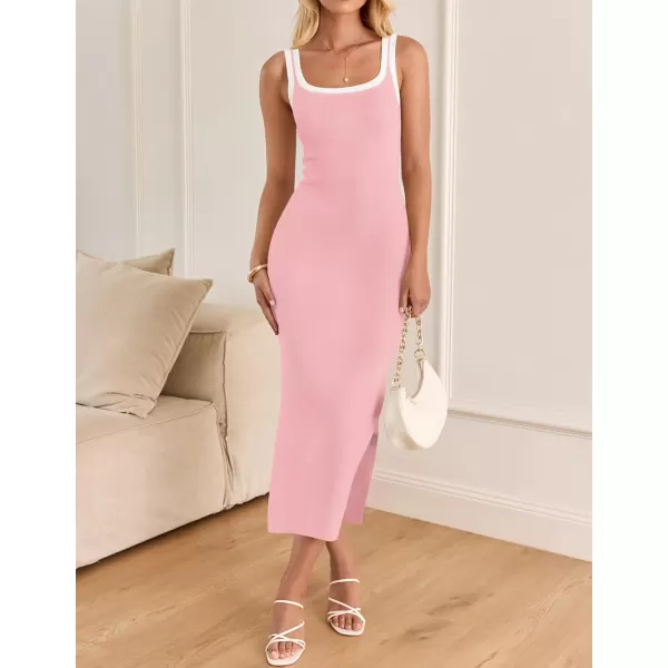 imageZESICA Womens Summer Knit Bodycon Midi Dress 2024 Casual Sleeveless Square Neck Side Slit Long Tank DressesPink