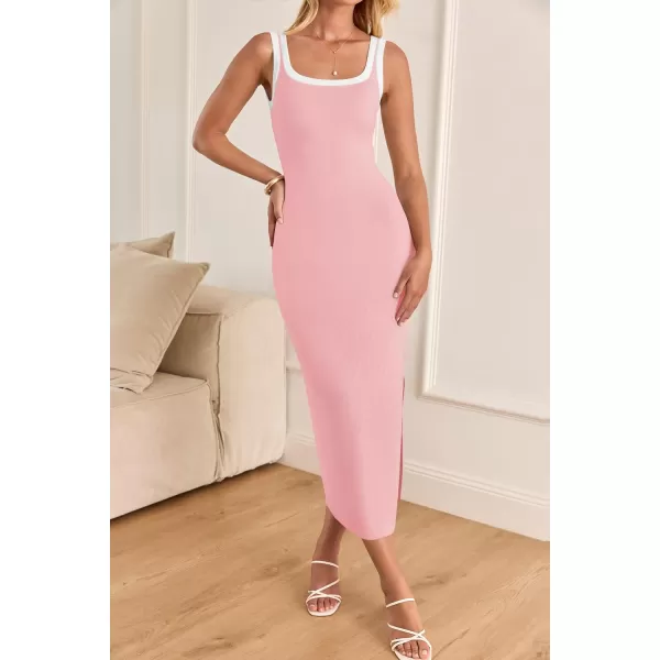 imageZESICA Womens Summer Knit Bodycon Midi Dress 2024 Casual Sleeveless Square Neck Side Slit Long Tank DressesPink