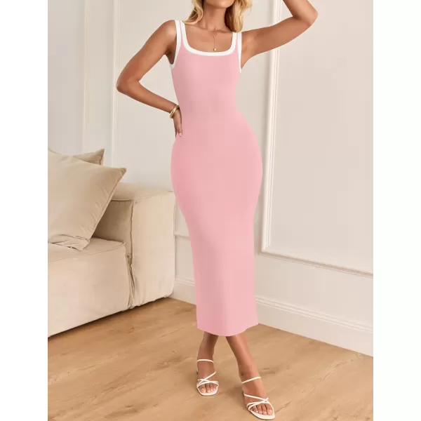 imageZESICA Womens Summer Knit Bodycon Midi Dress 2024 Casual Sleeveless Square Neck Side Slit Long Tank DressesPink