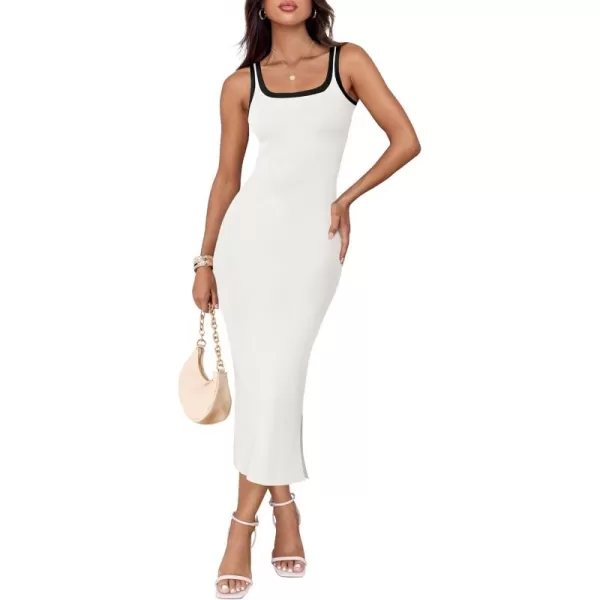 imageZESICA Womens Summer Knit Bodycon Midi Dress 2024 Casual Sleeveless Square Neck Side Slit Long Tank DressesWhite