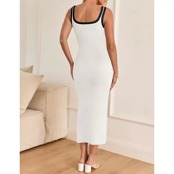 imageZESICA Womens Summer Knit Bodycon Midi Dress 2024 Casual Sleeveless Square Neck Side Slit Long Tank DressesWhite