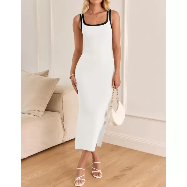 imageZESICA Womens Summer Knit Bodycon Midi Dress 2024 Casual Sleeveless Square Neck Side Slit Long Tank DressesWhite