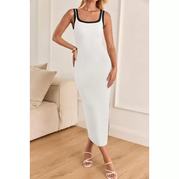 imageZESICA Womens Summer Knit Bodycon Midi Dress 2024 Casual Sleeveless Square Neck Side Slit Long Tank DressesWhite