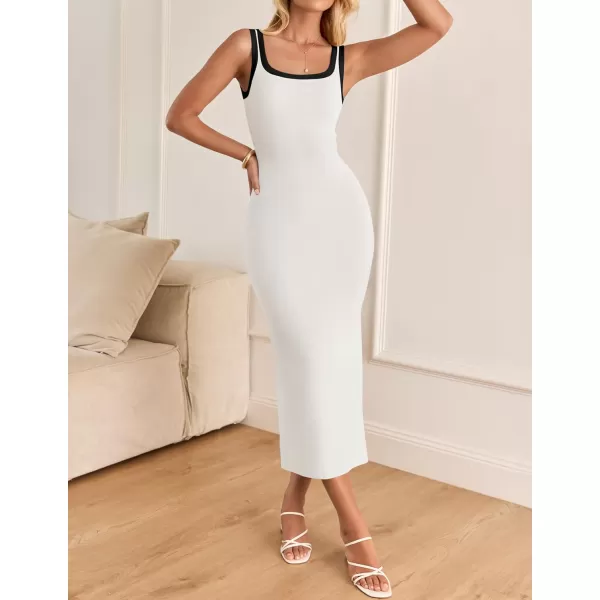 imageZESICA Womens Summer Knit Bodycon Midi Dress 2024 Casual Sleeveless Square Neck Side Slit Long Tank DressesWhite