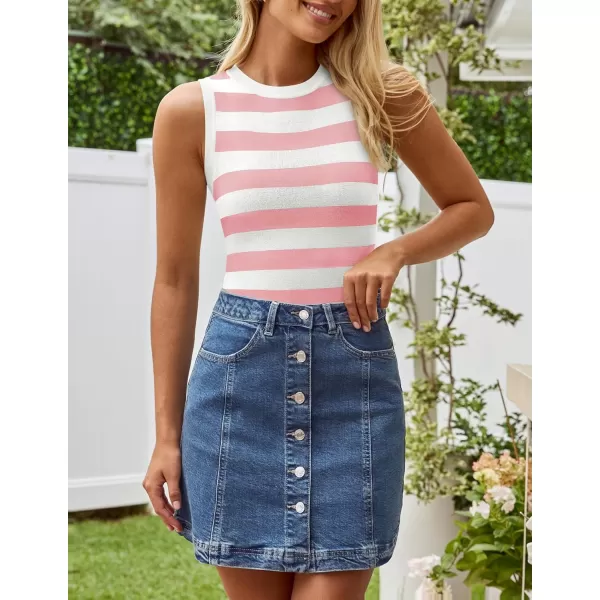 imageZESICA Womens Summer Knit Striped Tank Tops 2024 Trendy Crewneck Sleeveless ShirtsPink