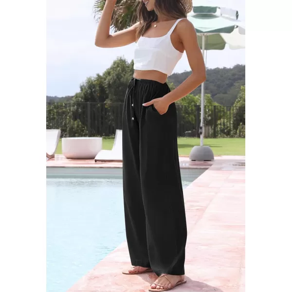imageZESICA Womens Summer Linen Wide Leg Flowy Palazzo Pants Casual High Waisted Loose Trousers with PocketsBlack