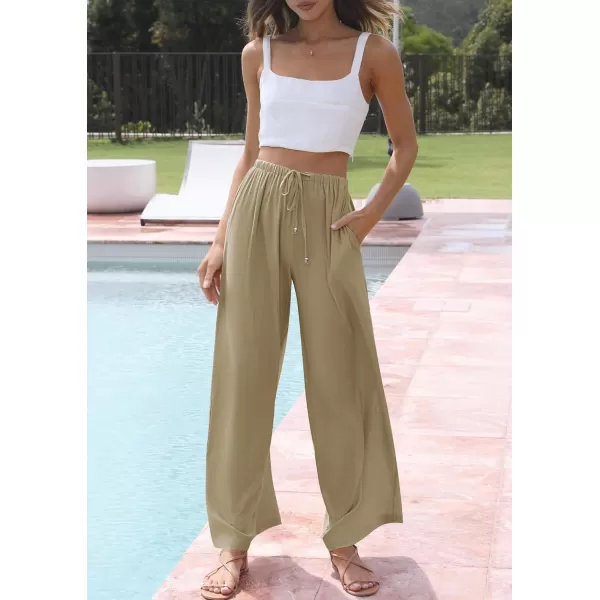 imageZESICA Womens Summer Linen Wide Leg Flowy Palazzo Pants Casual High Waisted Loose Trousers with PocketsKhaki