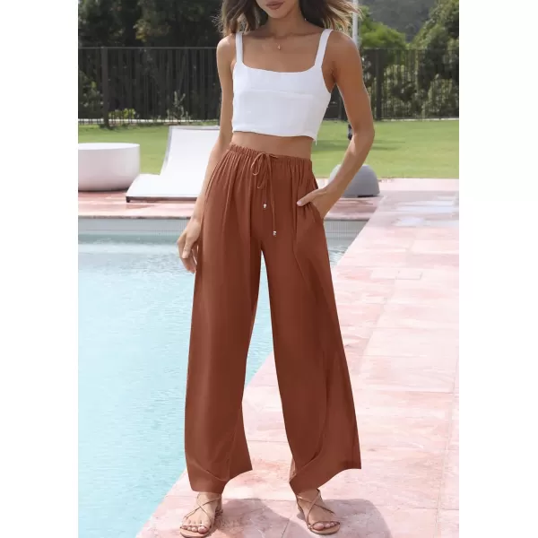 imageZESICA Womens Summer Linen Wide Leg Flowy Palazzo Pants Casual High Waisted Loose Trousers with PocketsRust