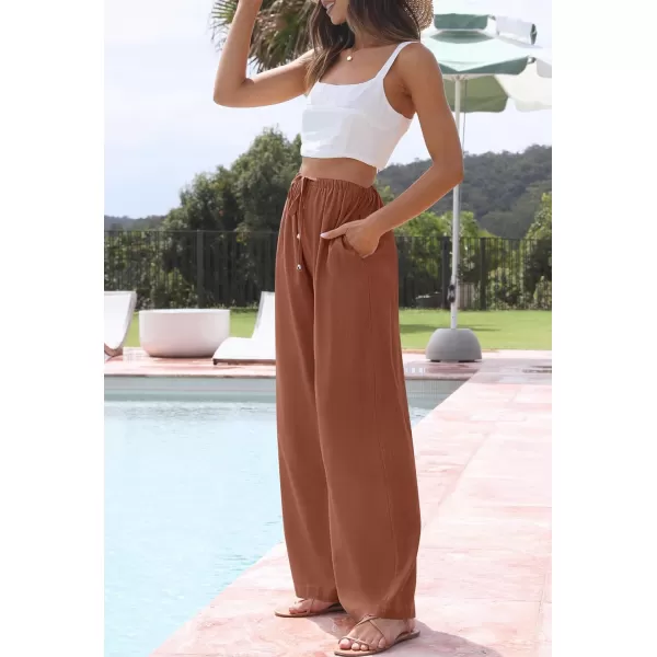 imageZESICA Womens Summer Linen Wide Leg Flowy Palazzo Pants Casual High Waisted Loose Trousers with PocketsRust