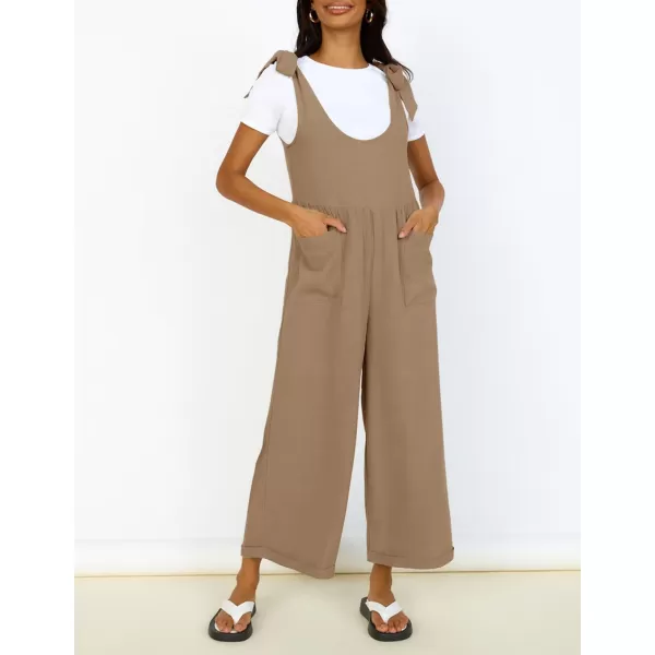imageZESICA Womens Summer Loose Sleeveless Jumpsuits Linen Adjustable Straps Oversized Wide Leg Long Overall Rompers with PocketsKhaki