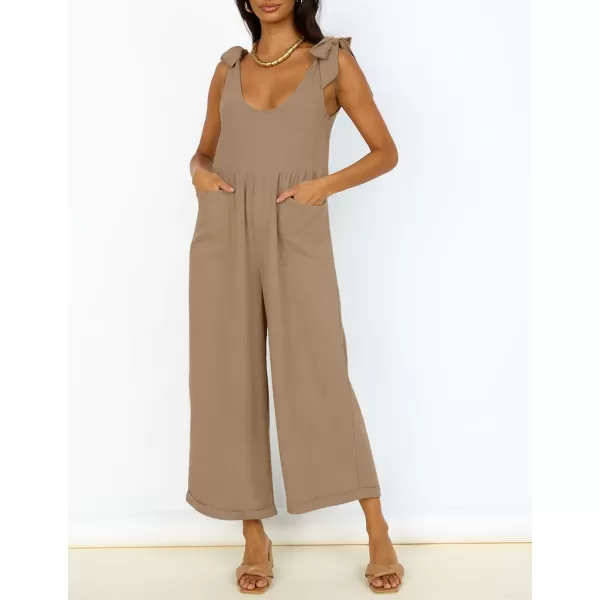 imageZESICA Womens Summer Loose Sleeveless Jumpsuits Linen Adjustable Straps Oversized Wide Leg Long Overall Rompers with PocketsKhaki