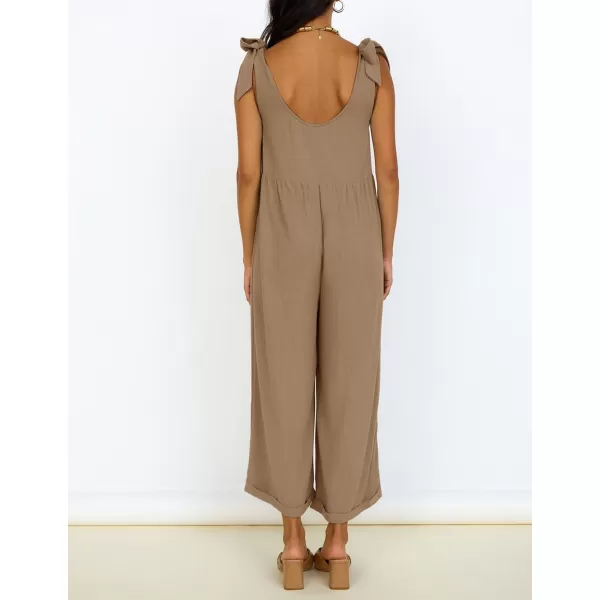 imageZESICA Womens Summer Loose Sleeveless Jumpsuits Linen Adjustable Straps Oversized Wide Leg Long Overall Rompers with PocketsKhaki