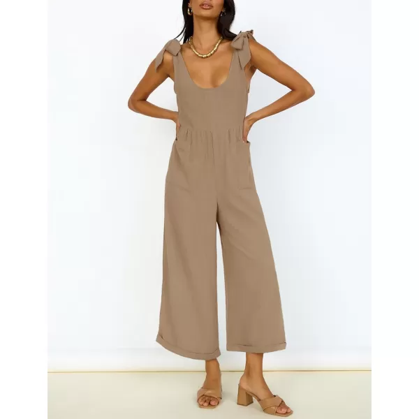 imageZESICA Womens Summer Loose Sleeveless Jumpsuits Linen Adjustable Straps Oversized Wide Leg Long Overall Rompers with PocketsKhaki