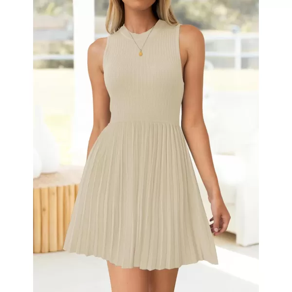 imageZESICA Womens Summer Mini Dress 2024 Sleeveless Crewneck Ribbed Knit Casual Swing Pleated A Line Short DressesAlmond